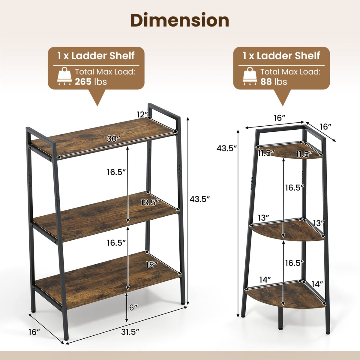 3-Tier Ladder Shelf and Corner Shelf Set with Metal Frame-Rusticbrown-Bookcases-DECOROLALA