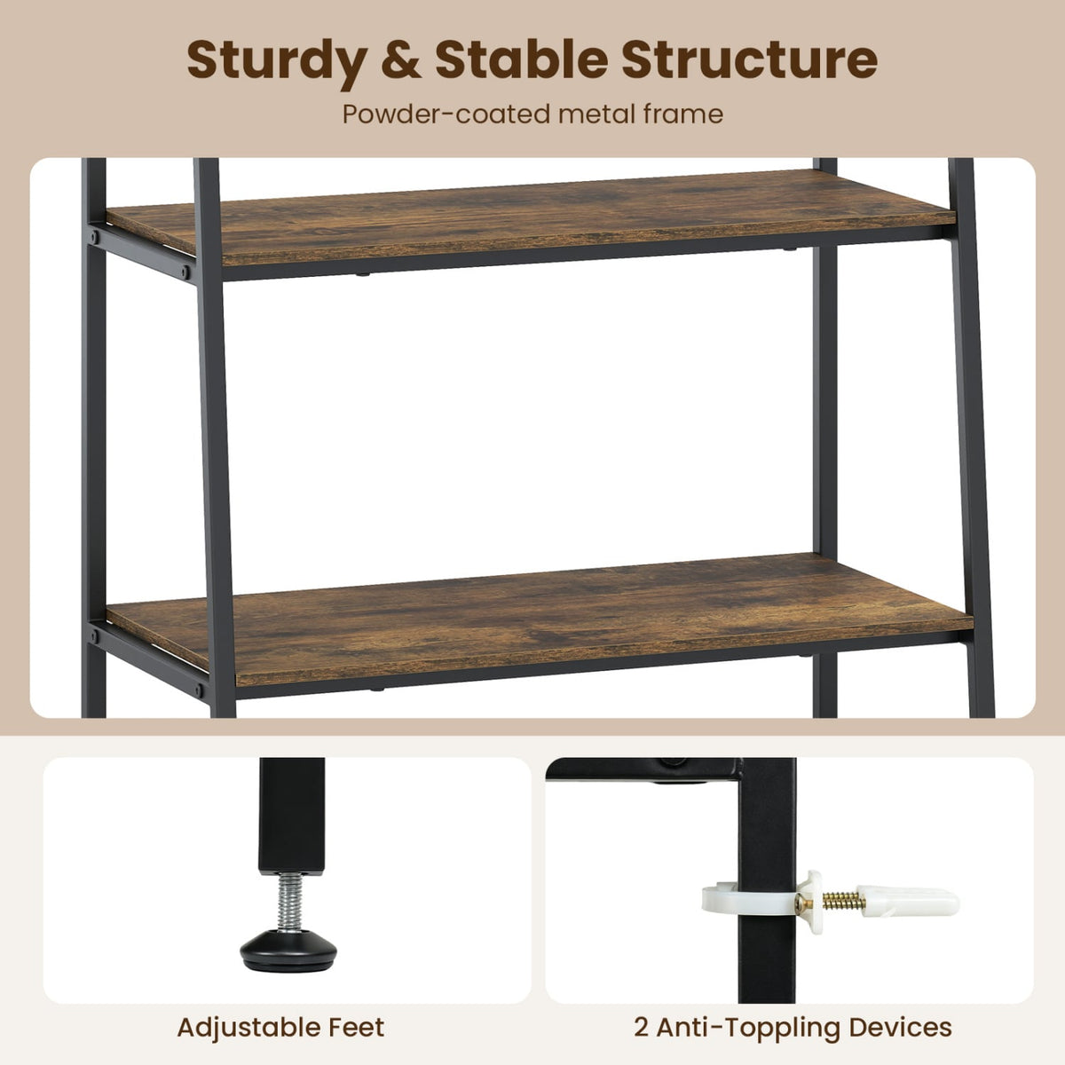 3-Tier Ladder Shelf and Corner Shelf Set with Metal Frame-Rusticbrown-Bookcases-DECOROLALA