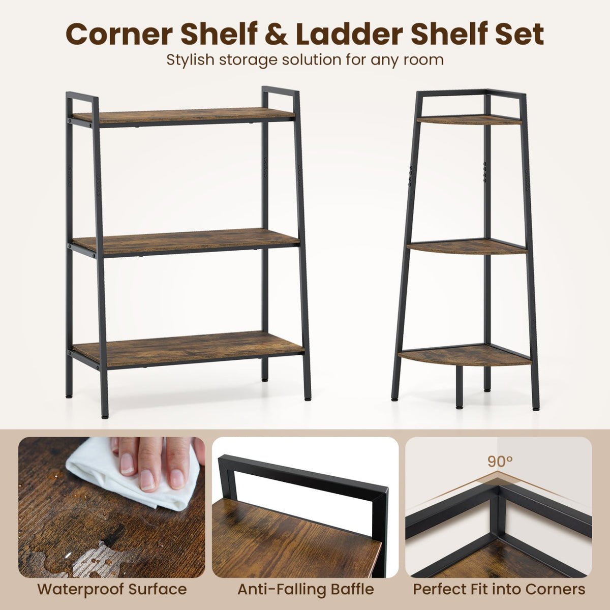 3-Tier Ladder Shelf and Corner Shelf Set with Metal Frame-Rusticbrown-Bookcases-DECOROLALA