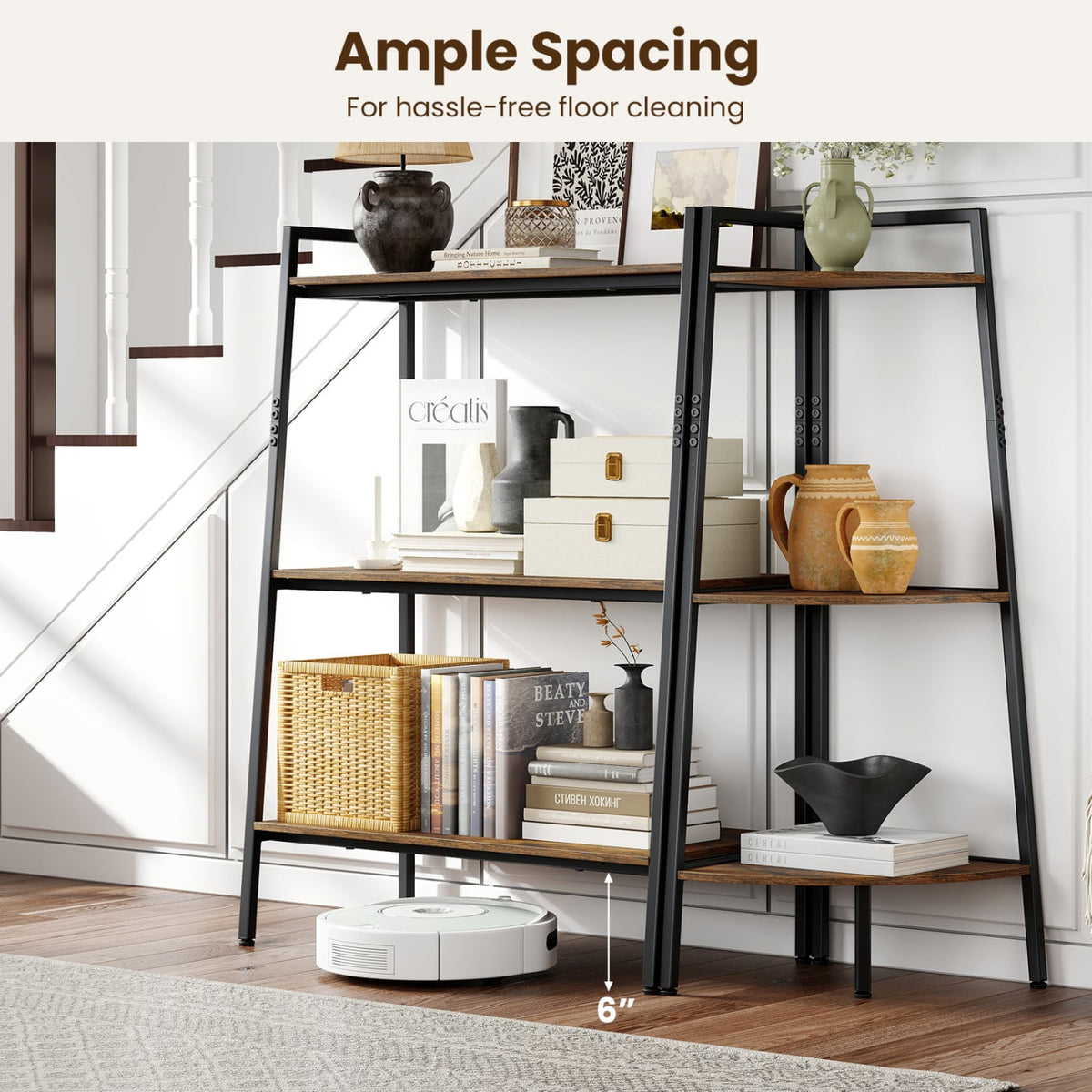 3-Tier Ladder Shelf and Corner Shelf Set with Metal Frame-Rusticbrown-Bookcases-DECOROLALA