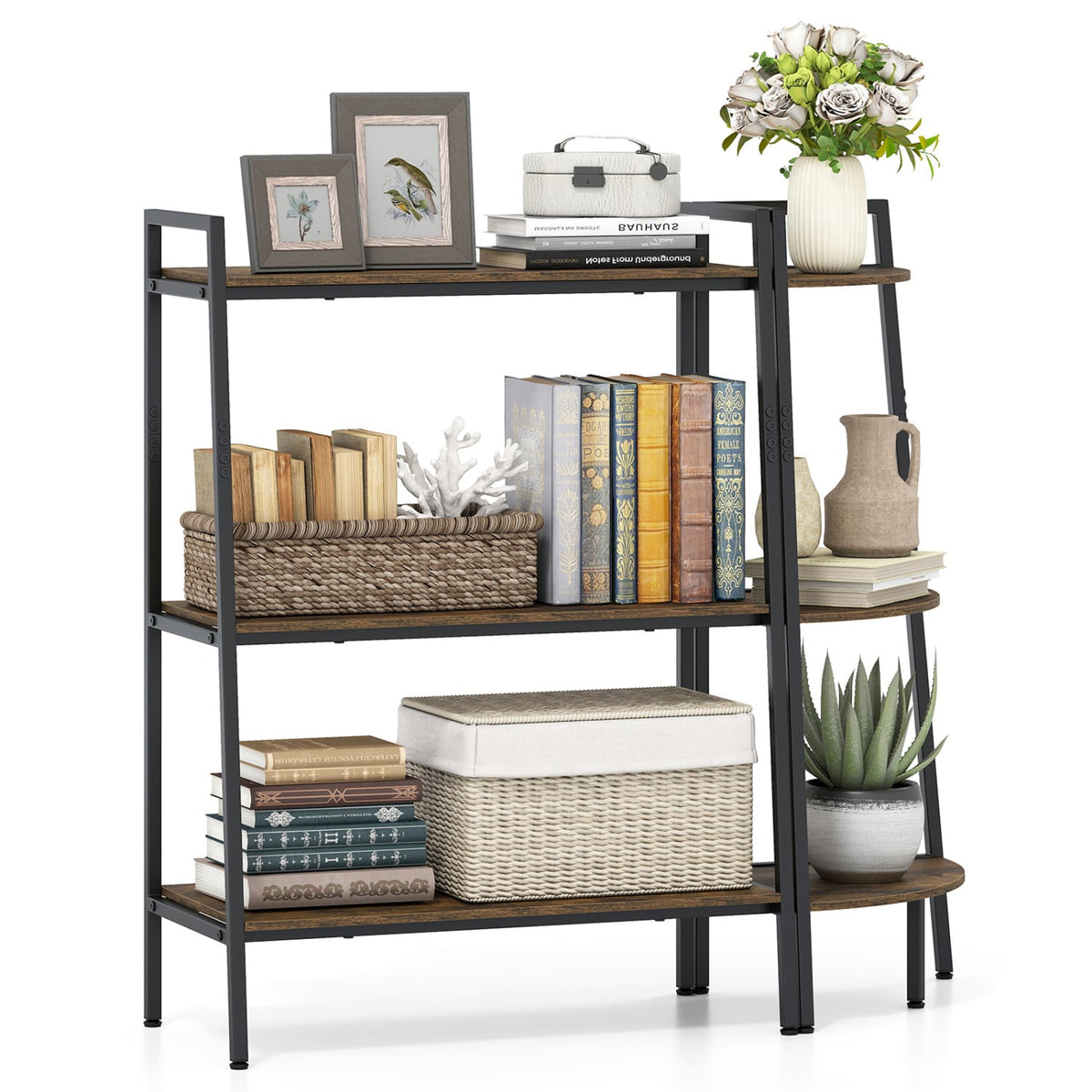3-Tier Ladder Shelf and Corner Shelf Set with Metal Frame-Rusticbrown-Bookcases-DECOROLALA