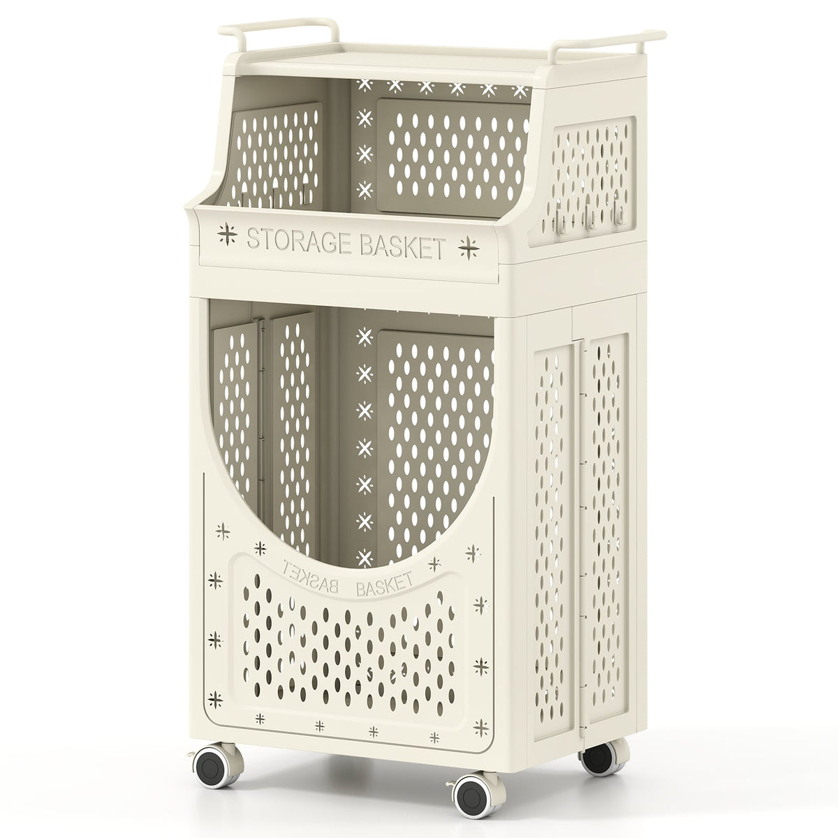 3-Tier Laundry Cart Folding Hamper with Lockable Wheels-Laundry Baskets-DECOROLALA