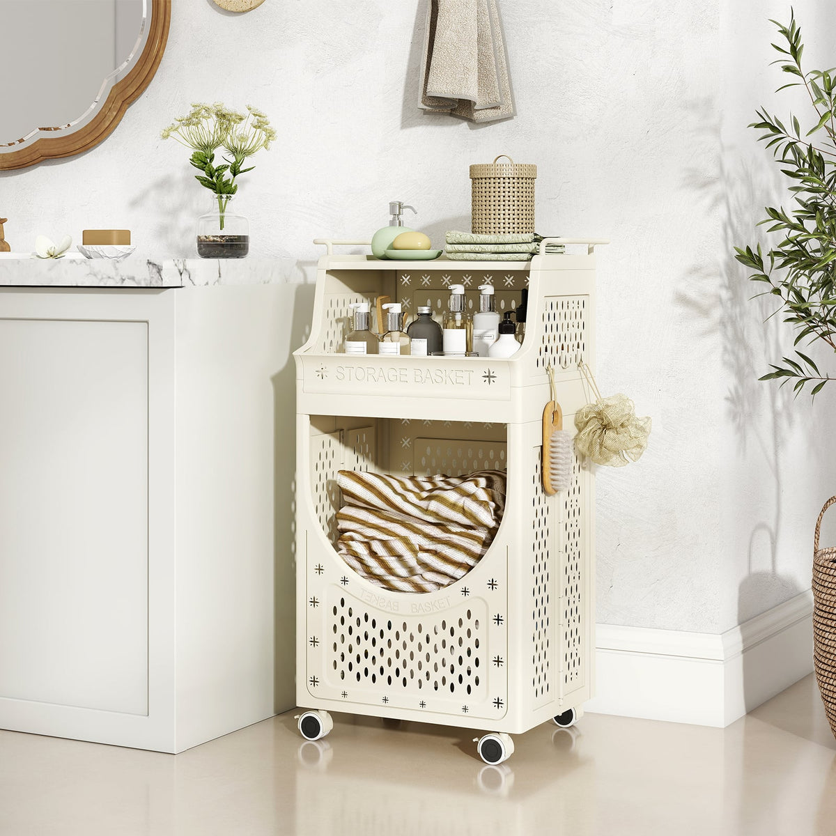 3-Tier Laundry Cart Folding Hamper with Lockable Wheels-Laundry Baskets-DECOROLALA