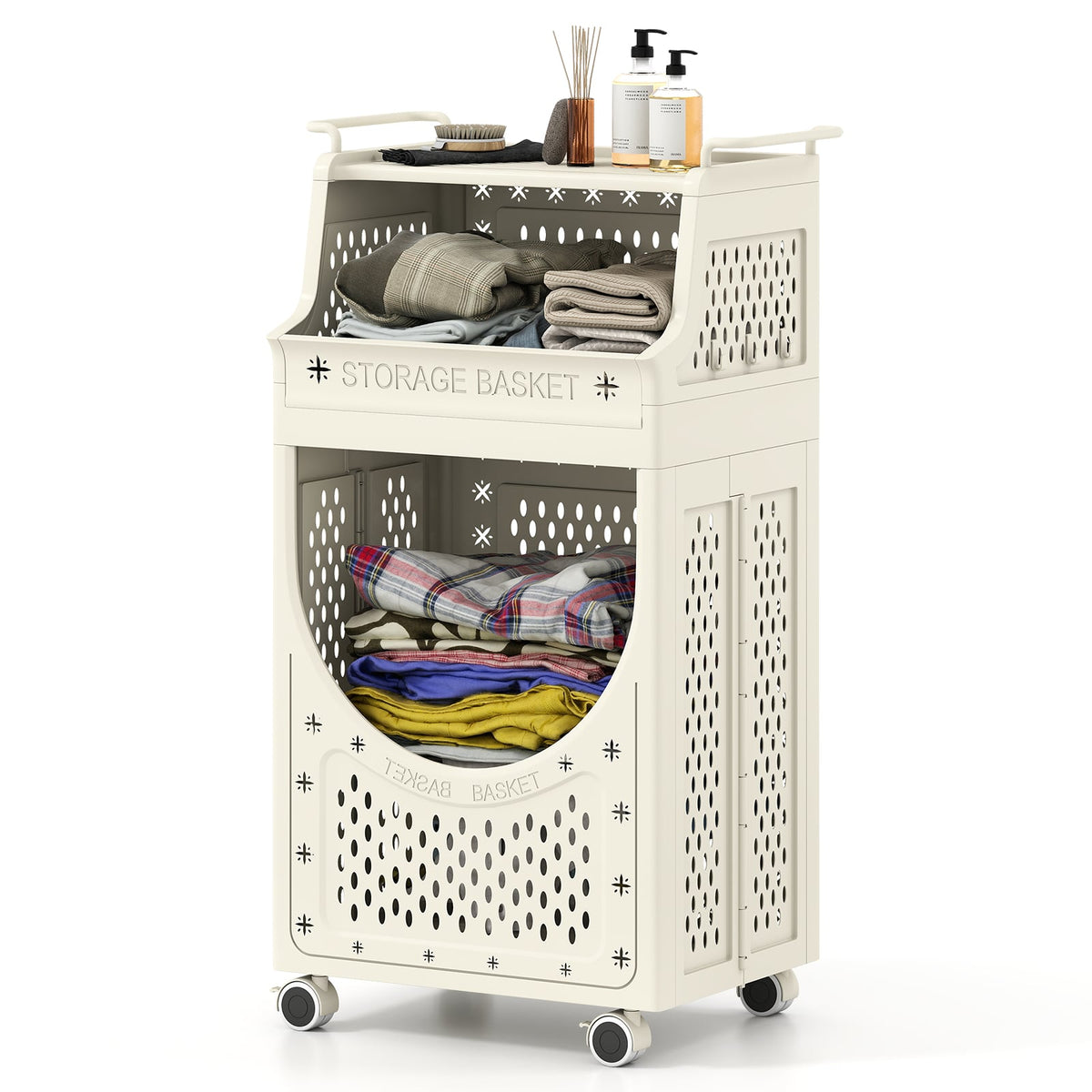 3-Tier Laundry Cart Folding Hamper with Lockable Wheels-Laundry Baskets-DECOROLALA