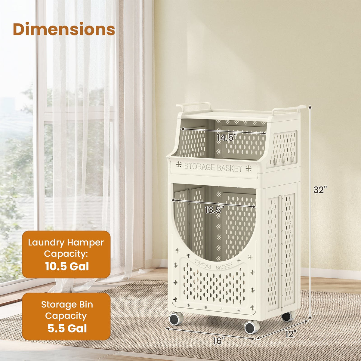 3-Tier Laundry Cart Folding Hamper with Lockable Wheels-Laundry Baskets-DECOROLALA