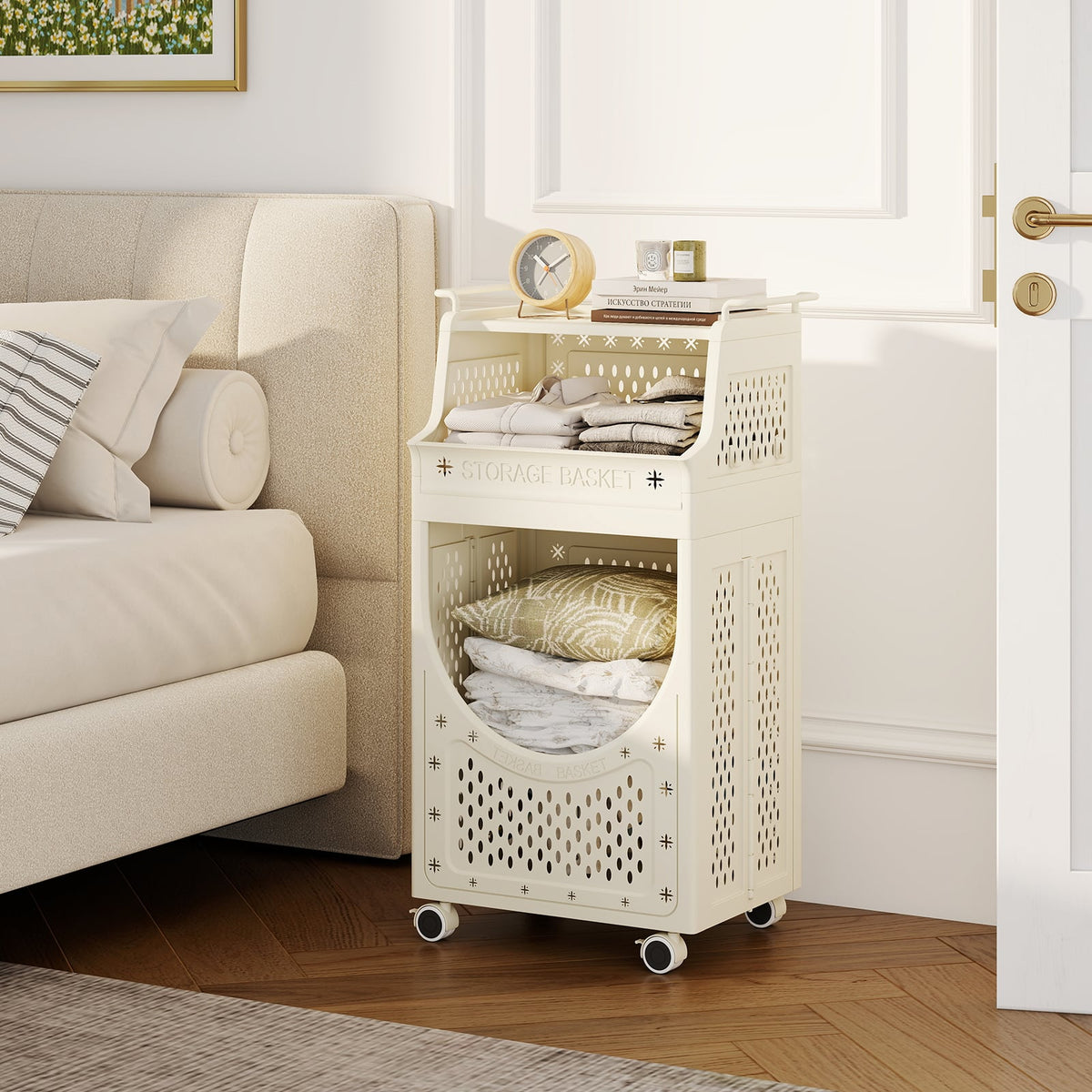 3-Tier Laundry Cart Folding Hamper with Lockable Wheels-Laundry Baskets-DECOROLALA
