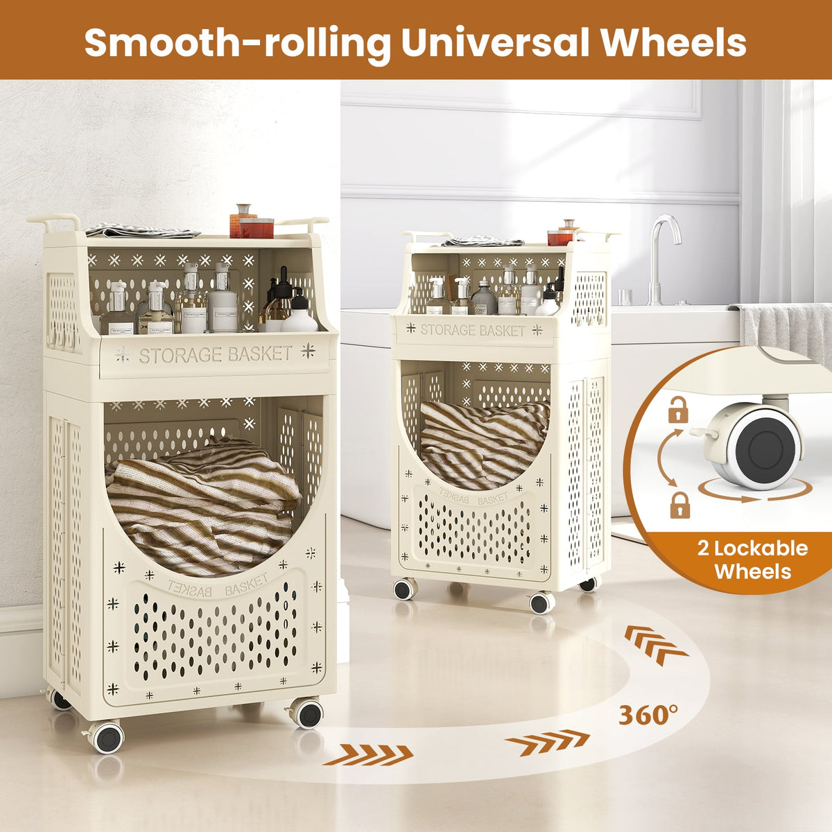3-Tier Laundry Cart Folding Hamper with Lockable Wheels-Laundry Baskets-DECOROLALA