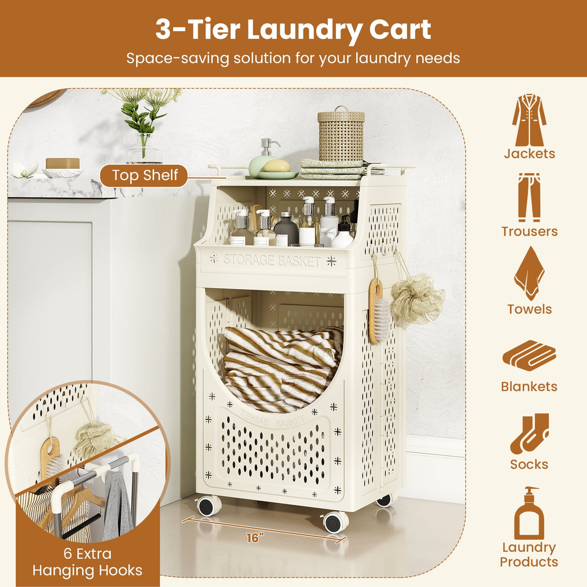 3-Tier Laundry Cart Folding Hamper with Lockable Wheels-Laundry Baskets-DECOROLALA