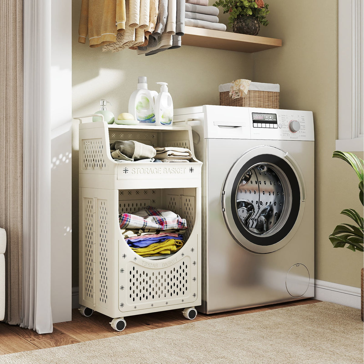 3-Tier Laundry Cart Folding Hamper with Lockable Wheels-Laundry Baskets-DECOROLALA