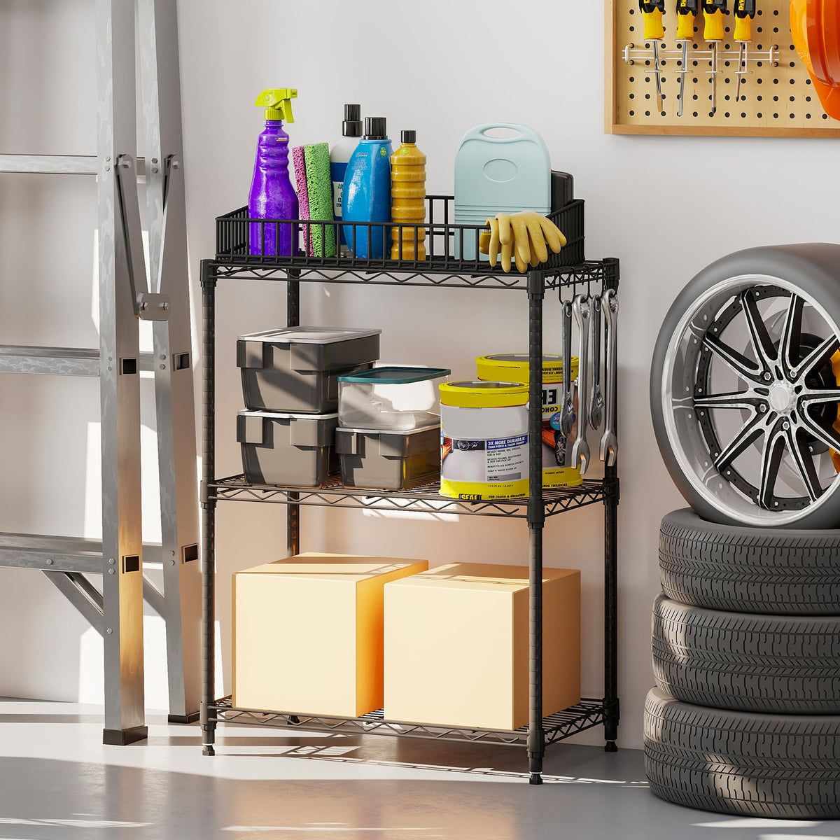 3-Tier Metal Storage Shelving Unit Set of 2 with V-Shaped Wire Rack-Black-Garages-DECOROLALA