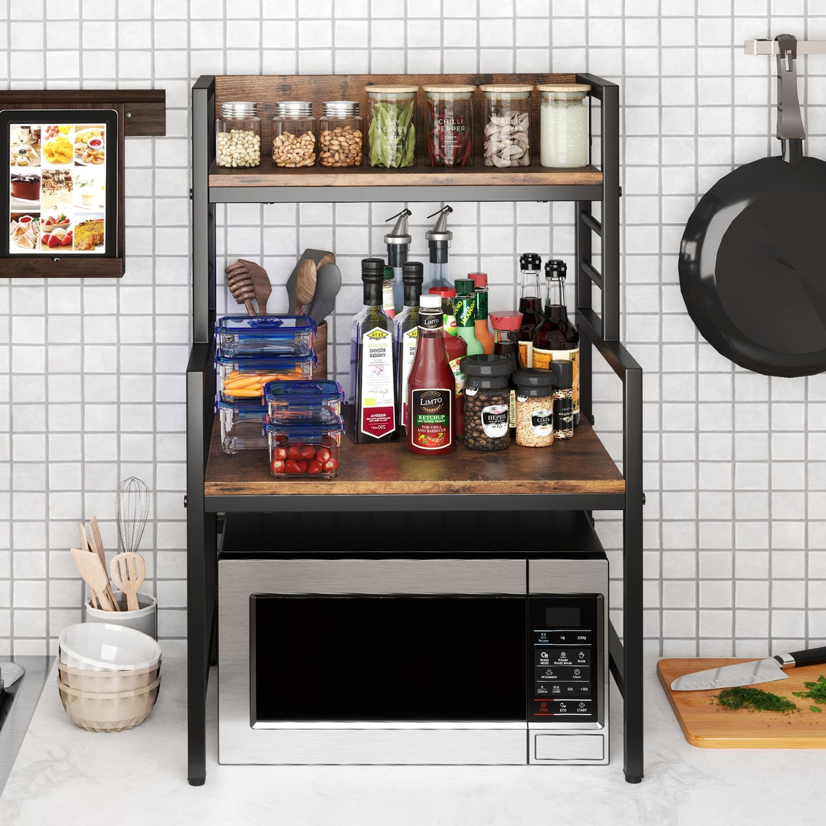 3-Tier Microwave Stand with 2 Open Shelves and Heavy-duty Metal Frame-Rustic Brown-Baker’s Racks-DECOROLALA