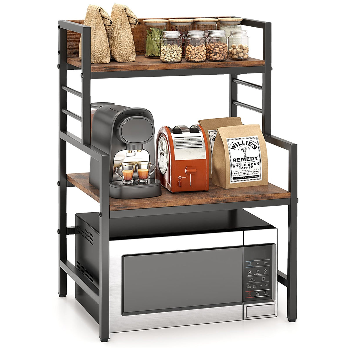3-Tier Microwave Stand with 2 Open Shelves and Heavy-duty Metal Frame-Rustic Brown-Baker’s Racks-DECOROLALA