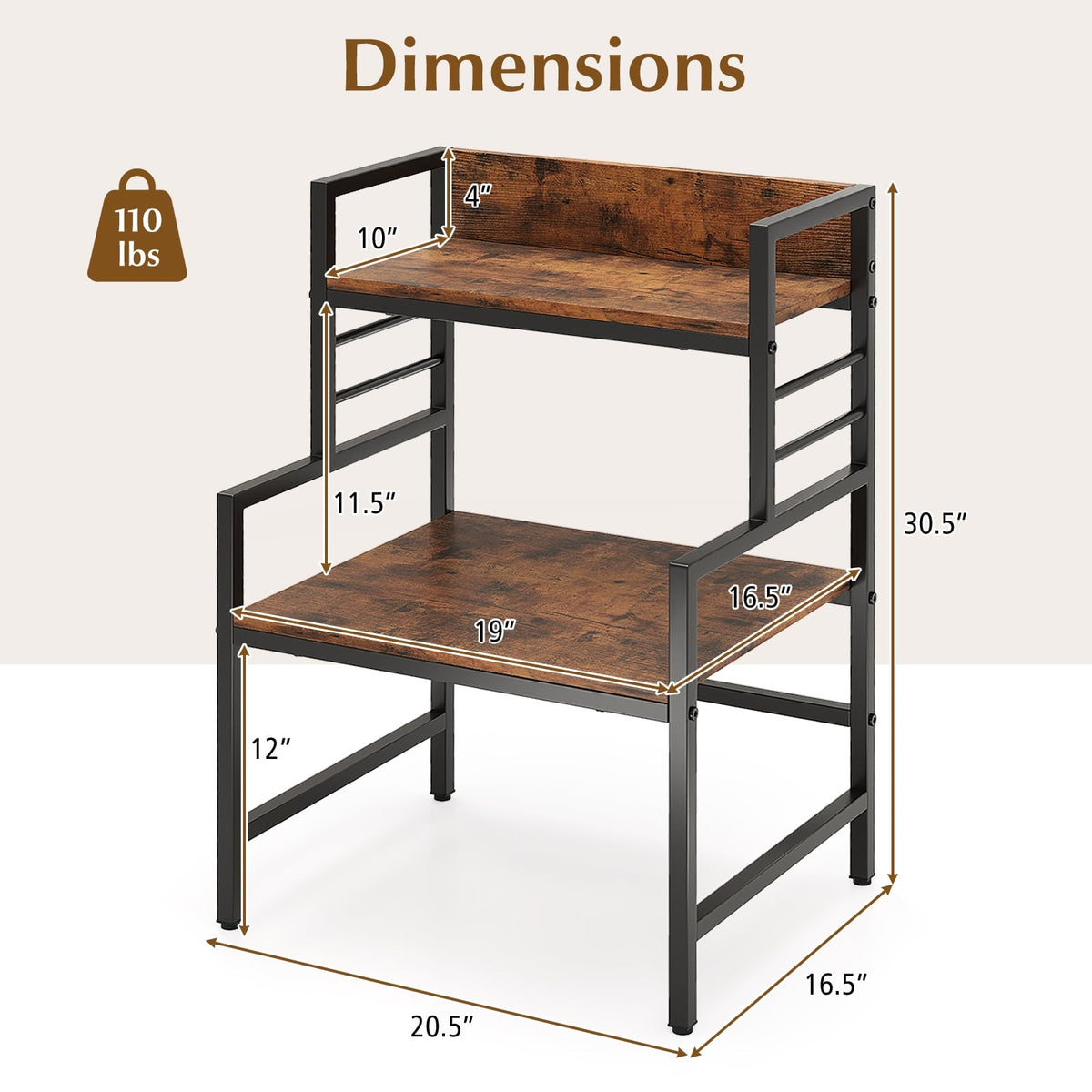 3-Tier Microwave Stand with 2 Open Shelves and Heavy-duty Metal Frame-Rustic Brown-Baker’s Racks-DECOROLALA