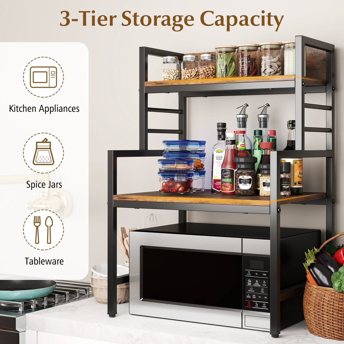 3-Tier Microwave Stand with 2 Open Shelves and Heavy-duty Metal Frame-Rustic Brown-Baker’s Racks-DECOROLALA