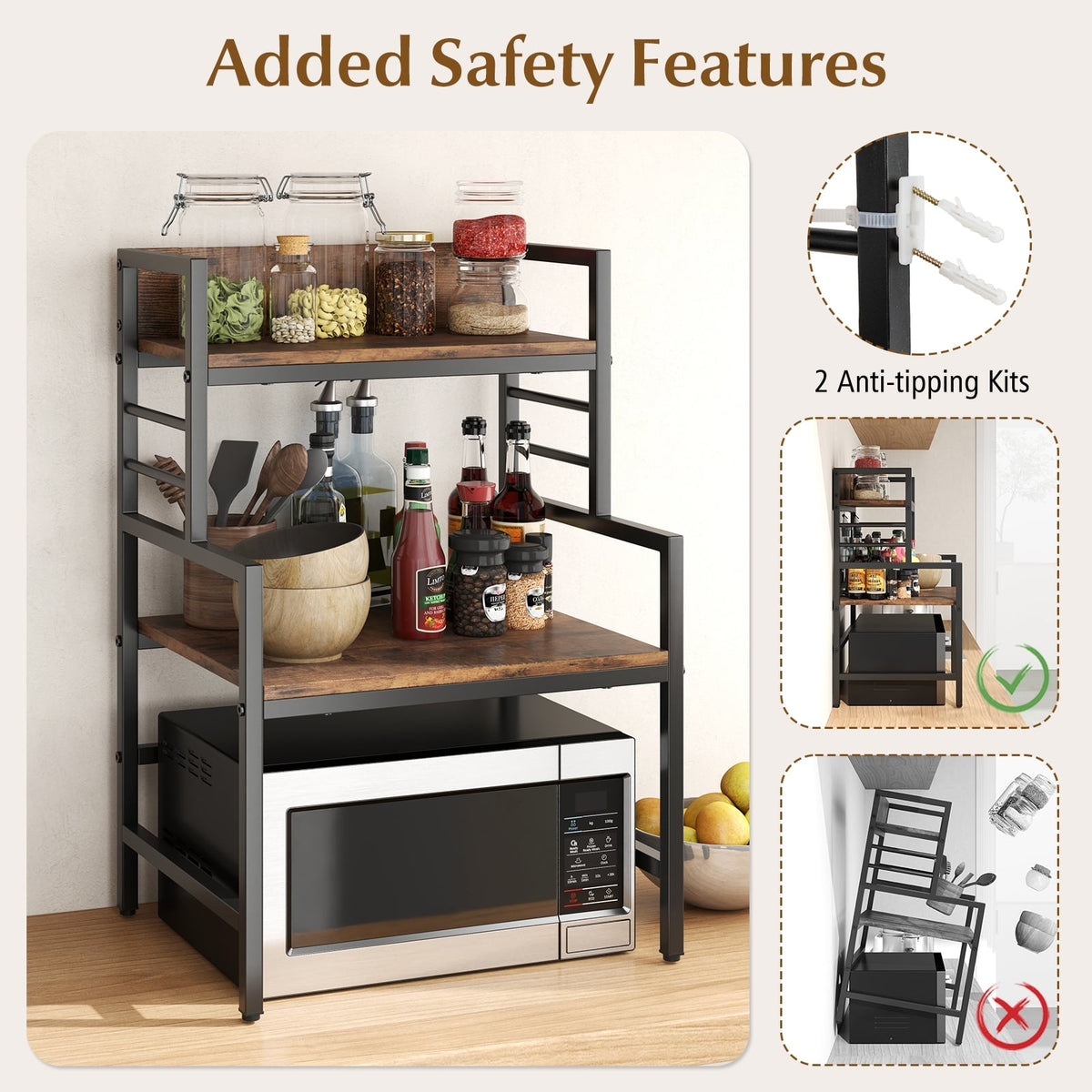 3-Tier Microwave Stand with 2 Open Shelves and Heavy-duty Metal Frame-Rustic Brown-Baker’s Racks-DECOROLALA