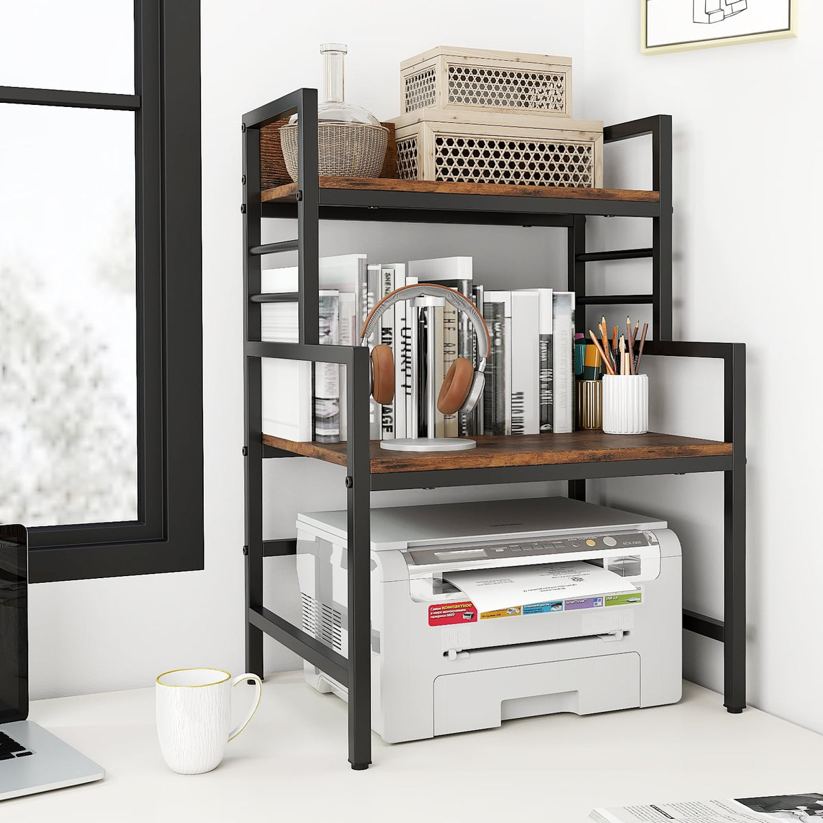 3-Tier Microwave Stand with 2 Open Shelves and Heavy-duty Metal Frame-Rustic Brown-Baker’s Racks-DECOROLALA