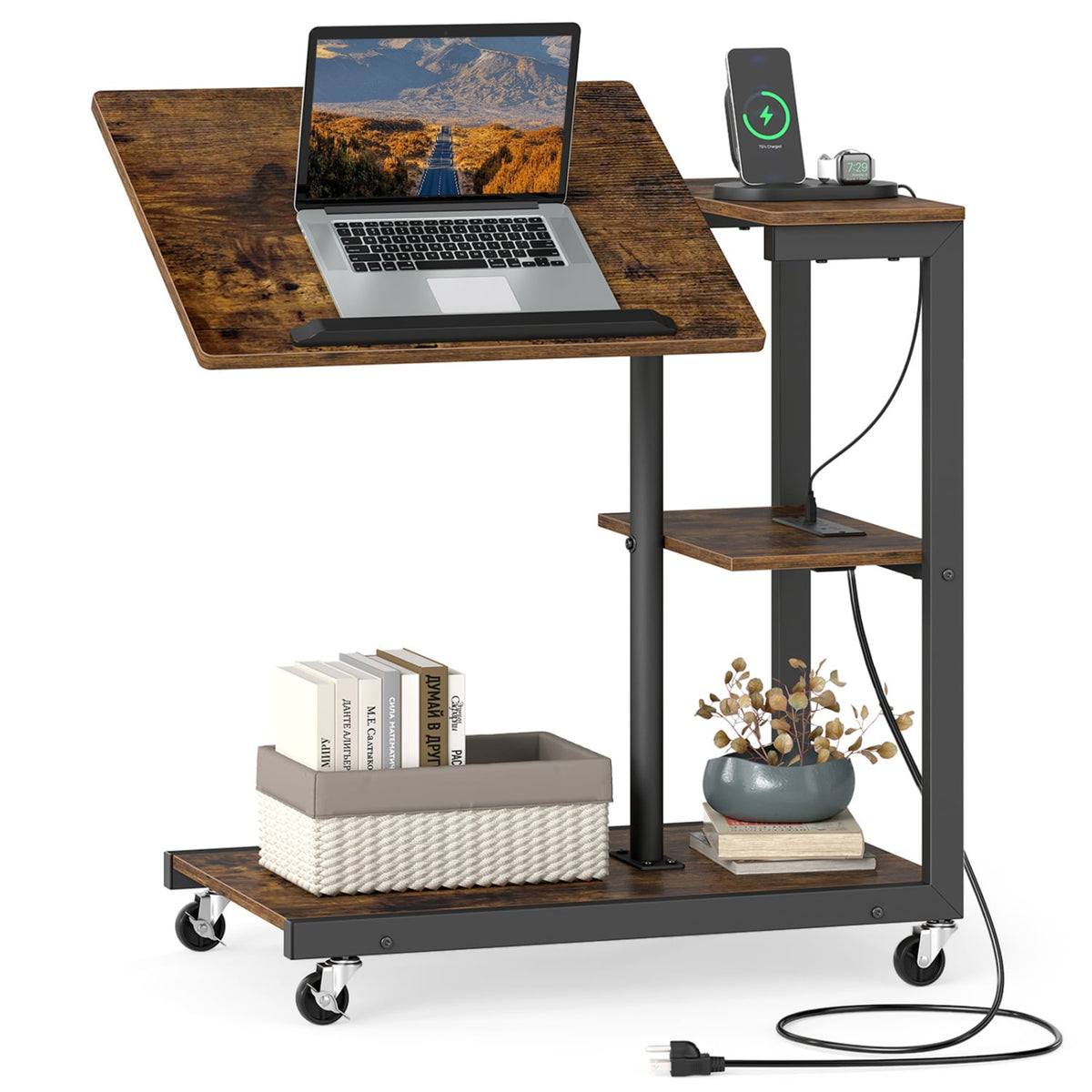 3-Tier Mobile Couch Side Table with Tiltable Tabletop-1 Piece-End & Side Tables-DECOROLALA