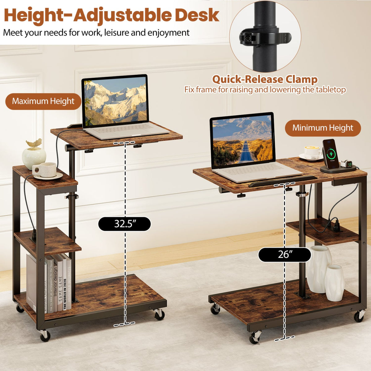 3-Tier Mobile Couch Side Table with Tiltable Tabletop-1 Piece-End & Side Tables-DECOROLALA