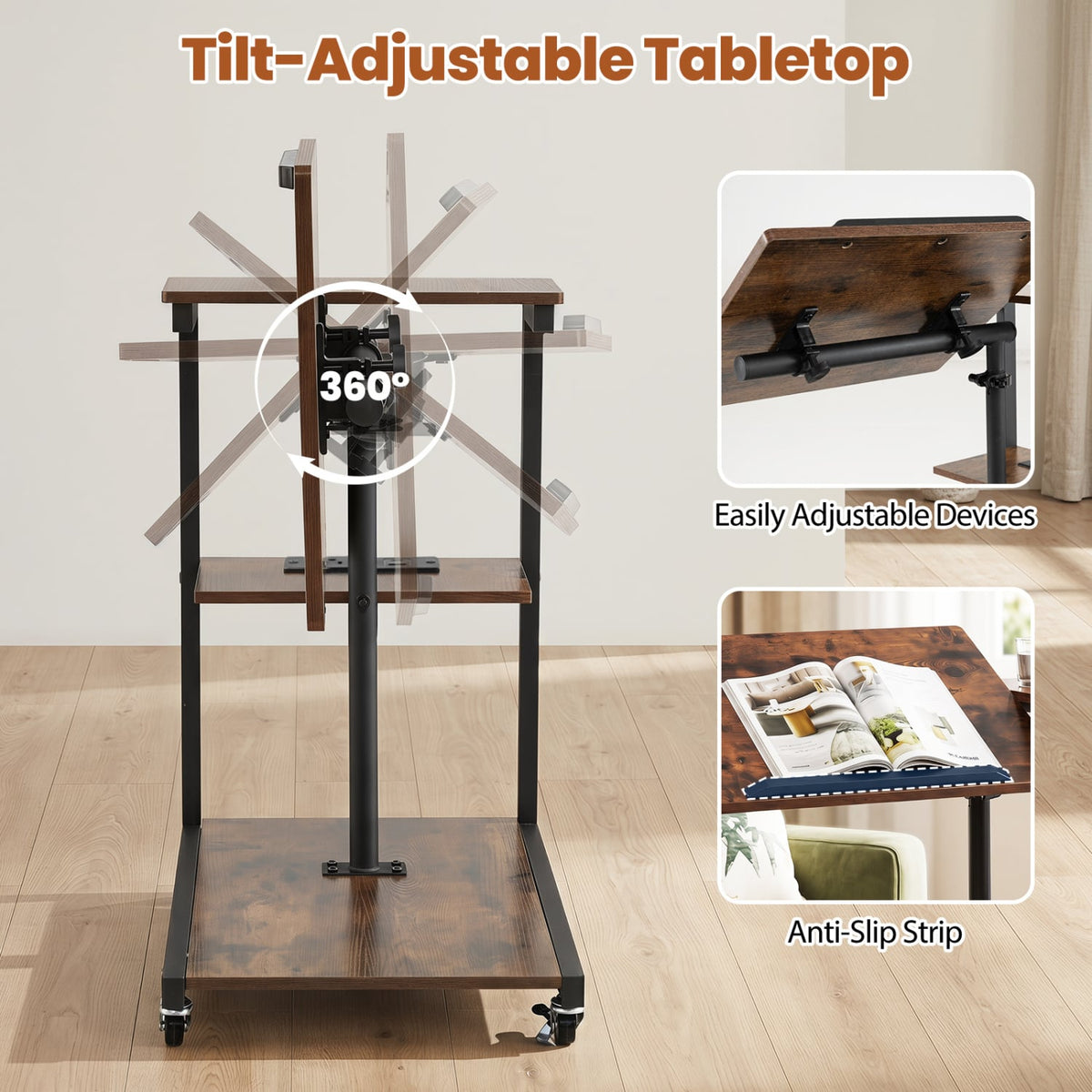 3-Tier Mobile Couch Side Table with Tiltable Tabletop-1 Piece-End & Side Tables-DECOROLALA