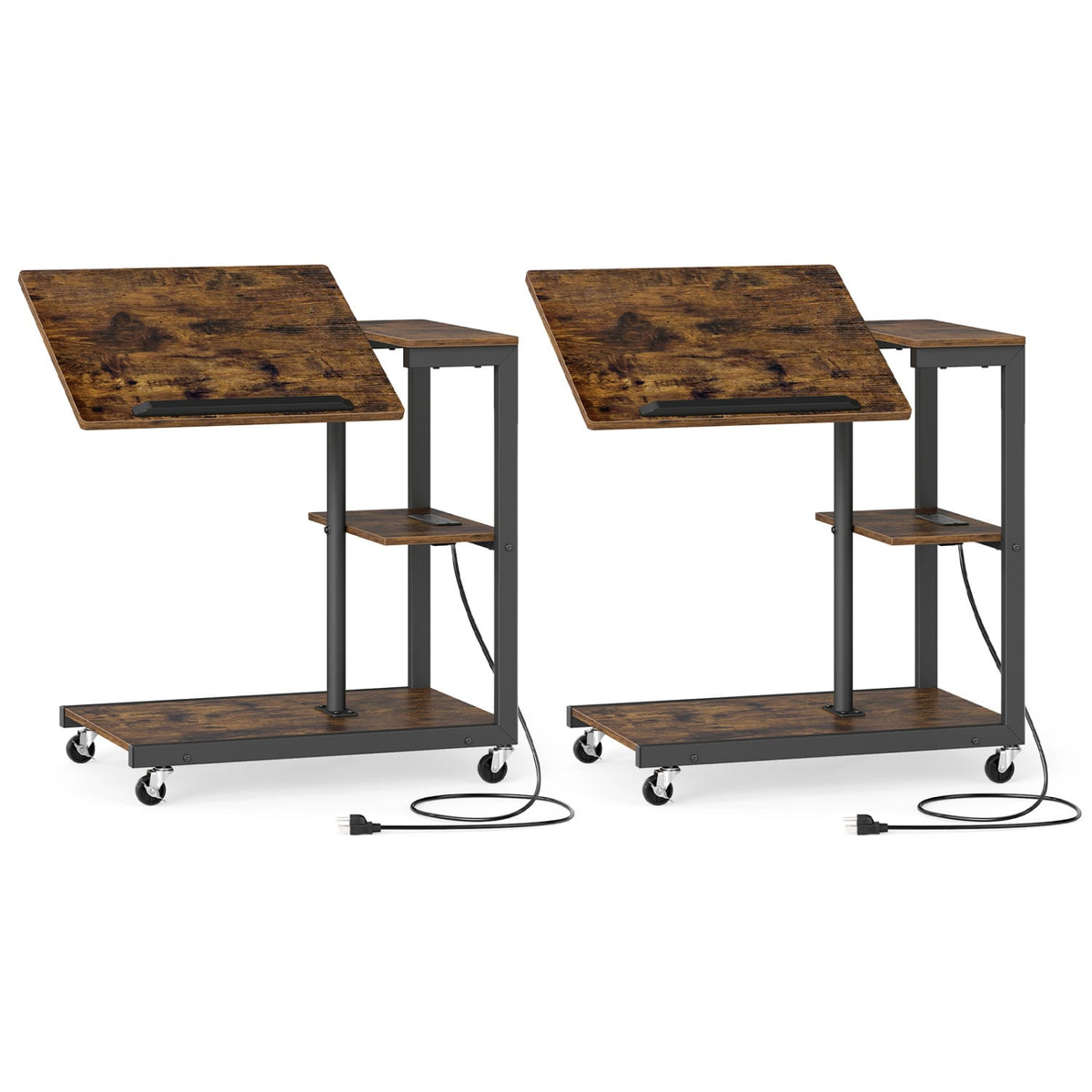 3-Tier Mobile Couch Side Table with Tiltable Tabletop-2 Piece-End & Side Tables-DECOROLALA