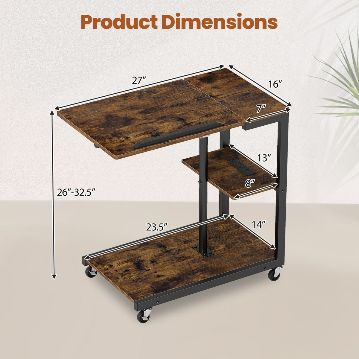 3-Tier Mobile Couch Side Table with Tiltable Tabletop-2 Piece-End & Side Tables-DECOROLALA