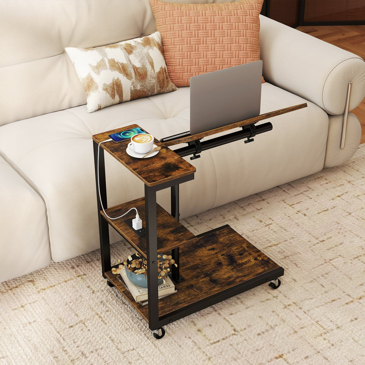3-Tier Mobile Couch Side Table with Tiltable Tabletop-2 Piece-End & Side Tables-DECOROLALA