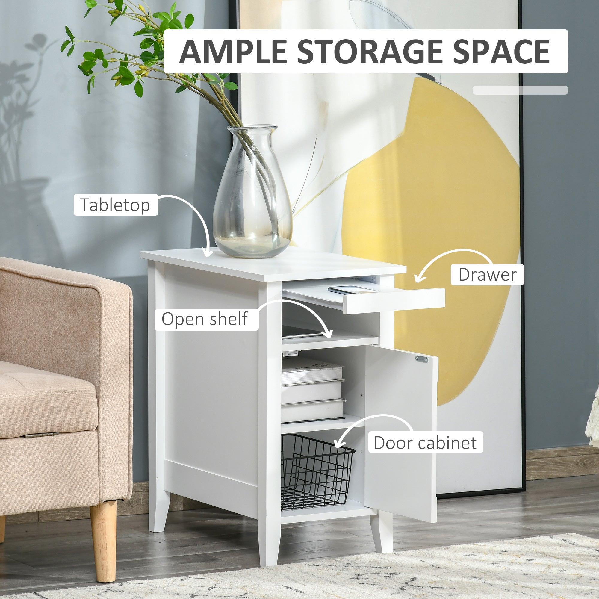 3-Tier Modern Nightstand Side Table with Shelf - White-Home Furnishings > Living Room Furniture > Side¬†Tables-DECOROLALA