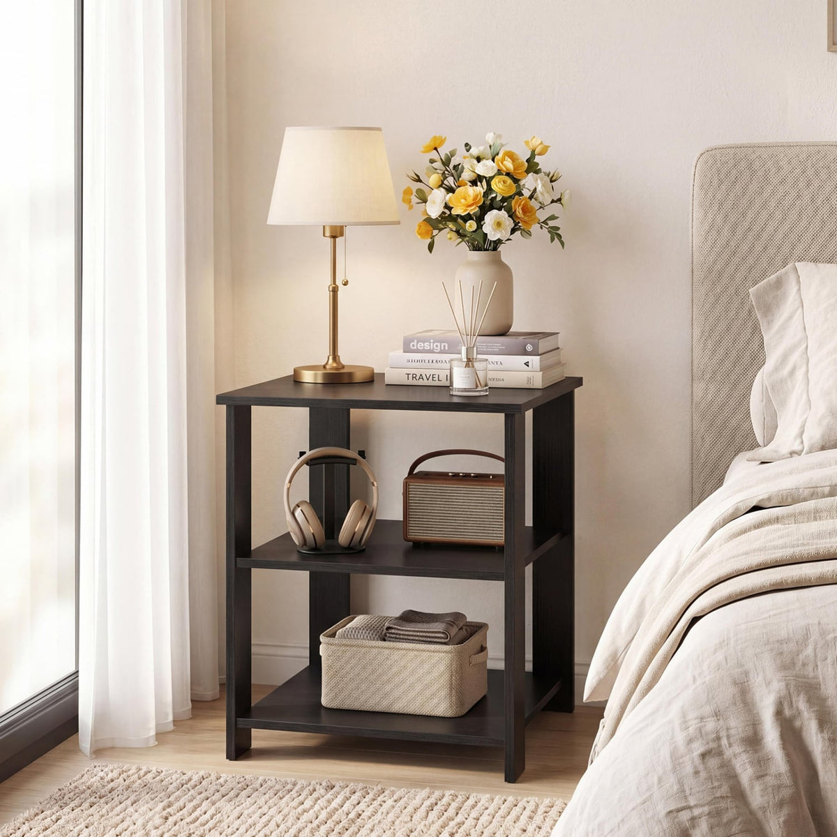 3-Tier Modern Nightstand Square Side Table with Open Storage Shelves-Black-End & Side Tables-DECOROLALA