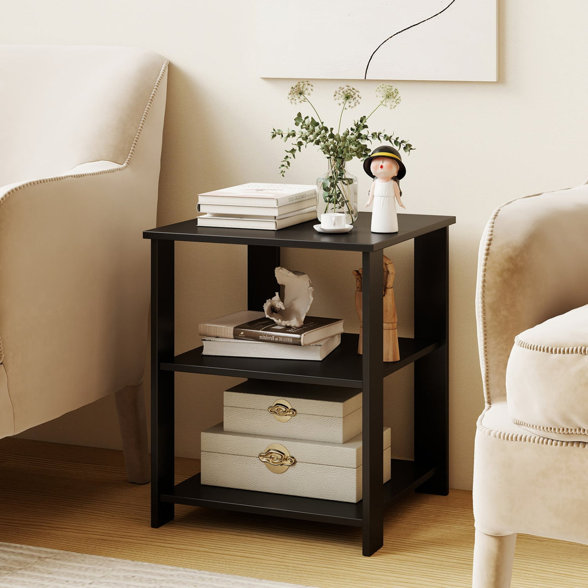 3-Tier Modern Nightstand Square Side Table with Open Storage Shelves-Black-End & Side Tables-DECOROLALA