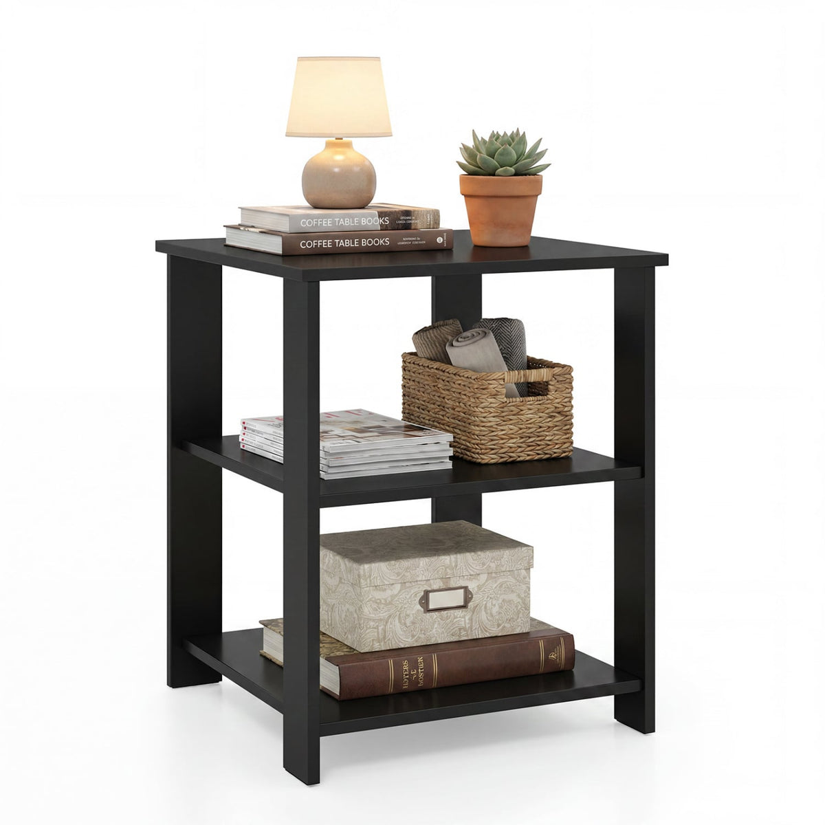 3-Tier Modern Nightstand Square Side Table with Open Storage Shelves-Black-End & Side Tables-DECOROLALA
