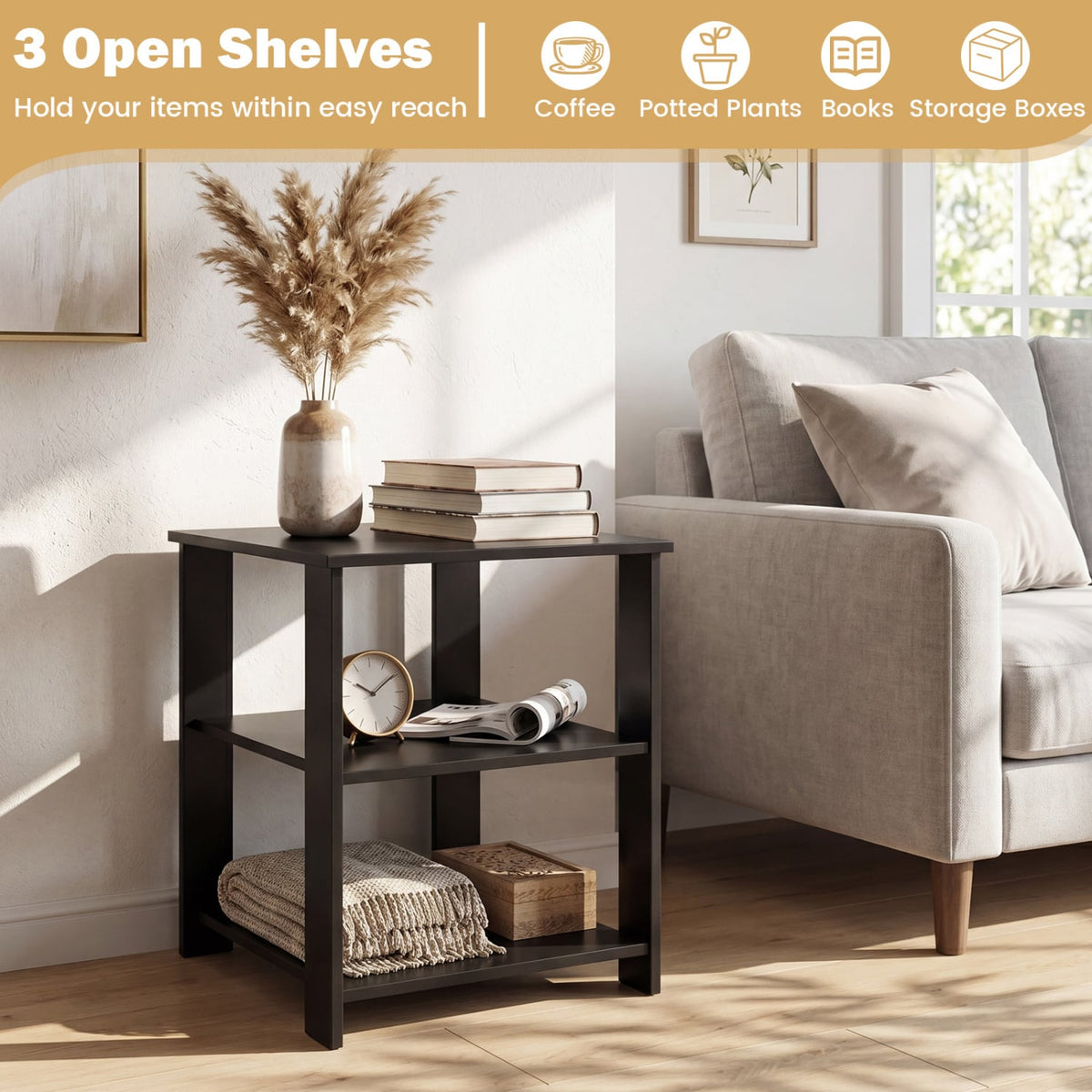 3-Tier Modern Nightstand Square Side Table with Open Storage Shelves-Black-End & Side Tables-DECOROLALA