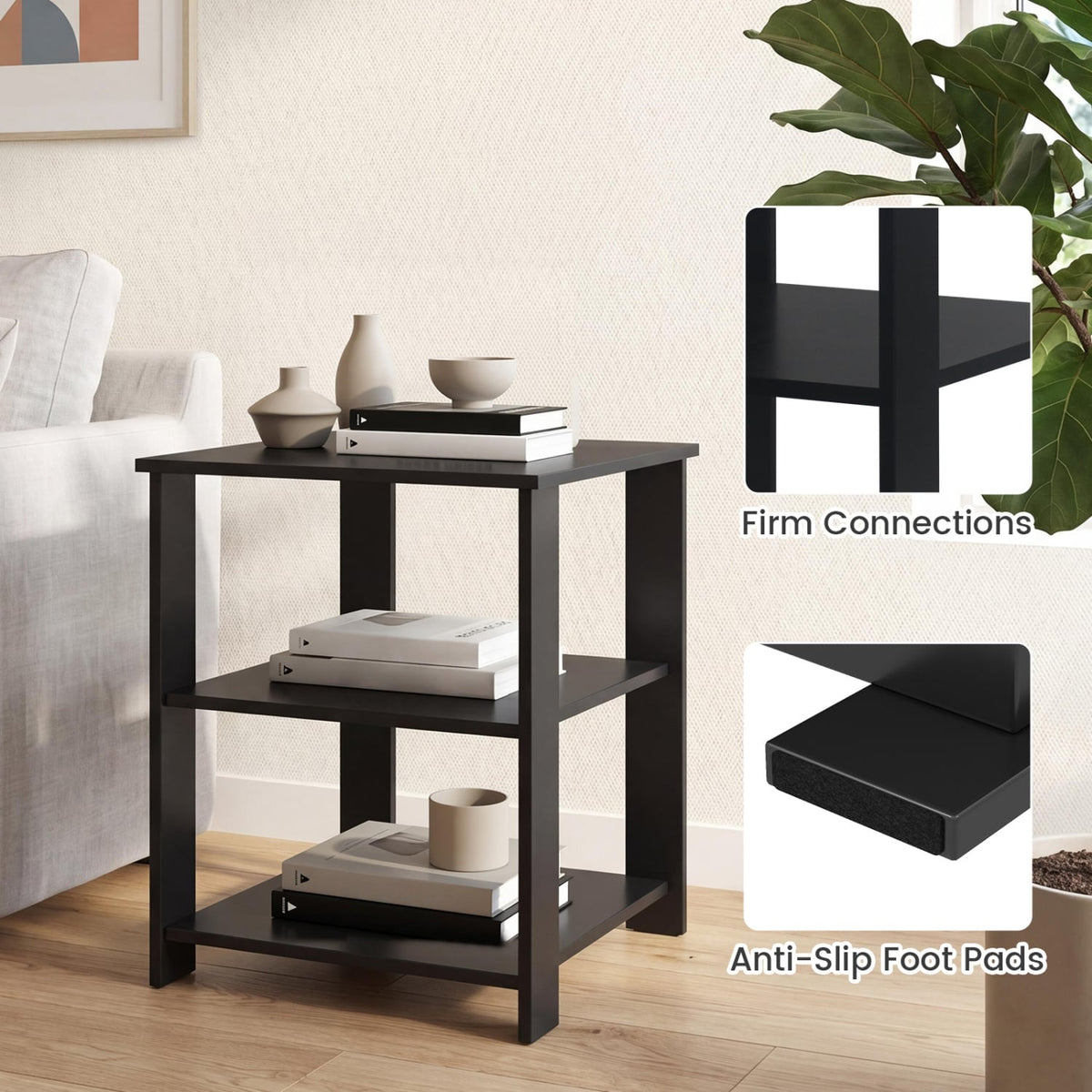 3-Tier Modern Nightstand Square Side Table with Open Storage Shelves-Black-End & Side Tables-DECOROLALA