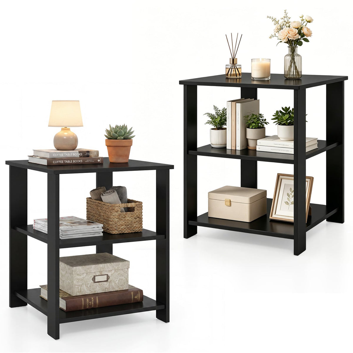 3-Tier Modern Nightstand Square Side Table with Open Storage Shelves Set of 2-Black-End & Side Tables-DECOROLALA