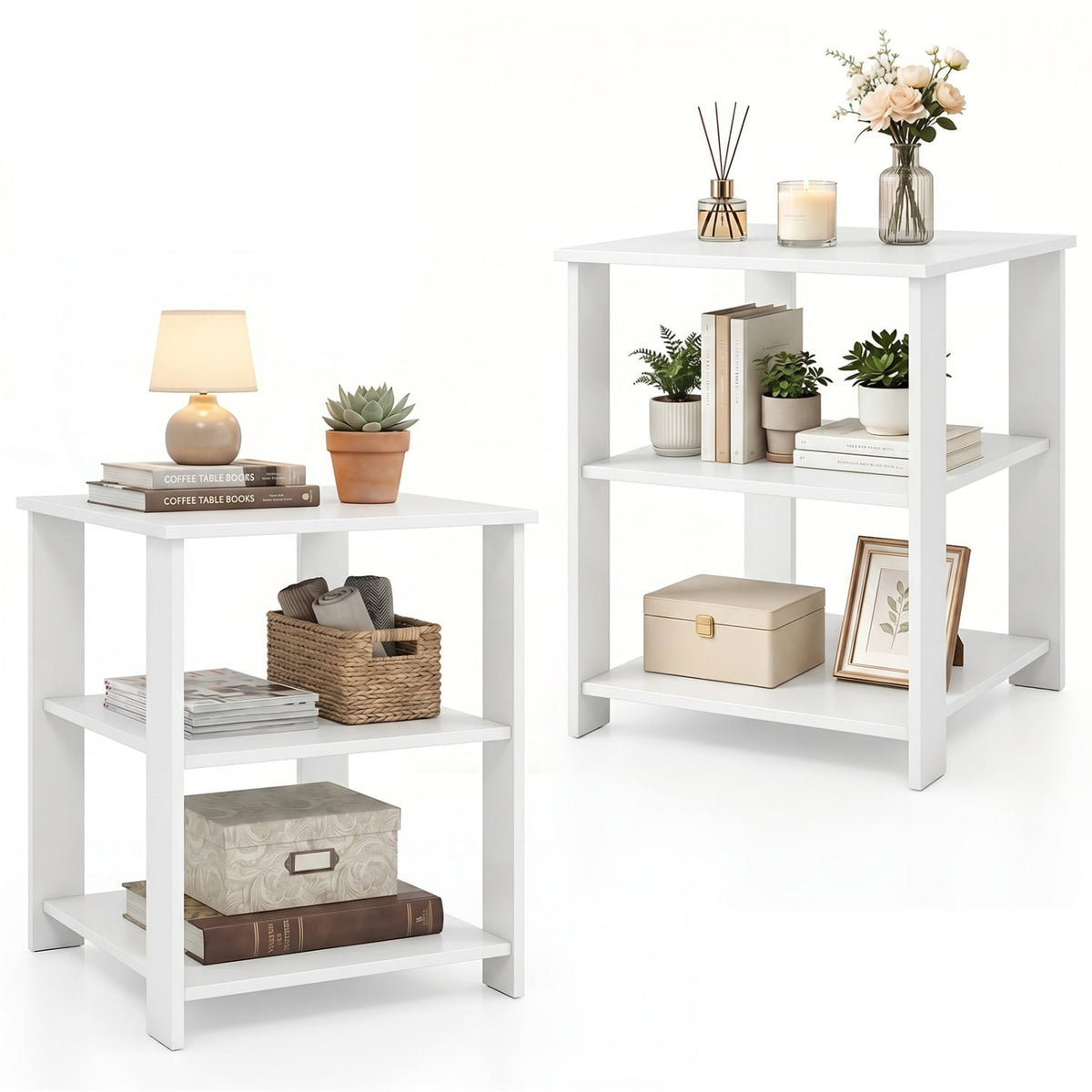 3-Tier Modern Nightstand Square Side Table with Open Storage Shelves Set of 2-White-End & Side Tables-DECOROLALA