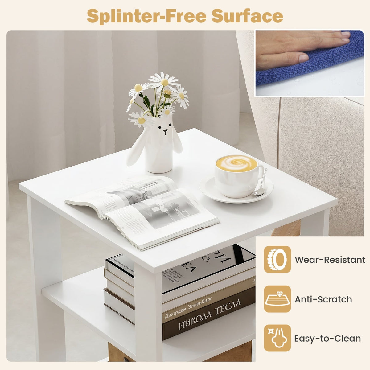 3-Tier Modern Nightstand Square Side Table with Open Storage Shelves Set of 2-White-End & Side Tables-DECOROLALA