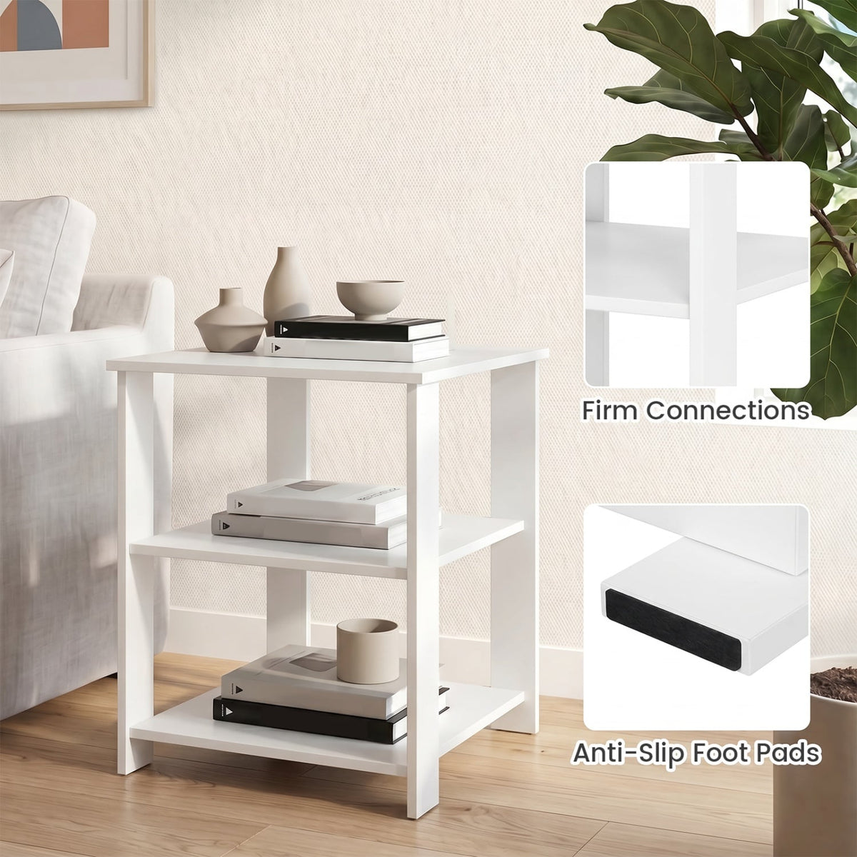 3-Tier Modern Nightstand Square Side Table with Open Storage Shelves Set of 2-White-End & Side Tables-DECOROLALA