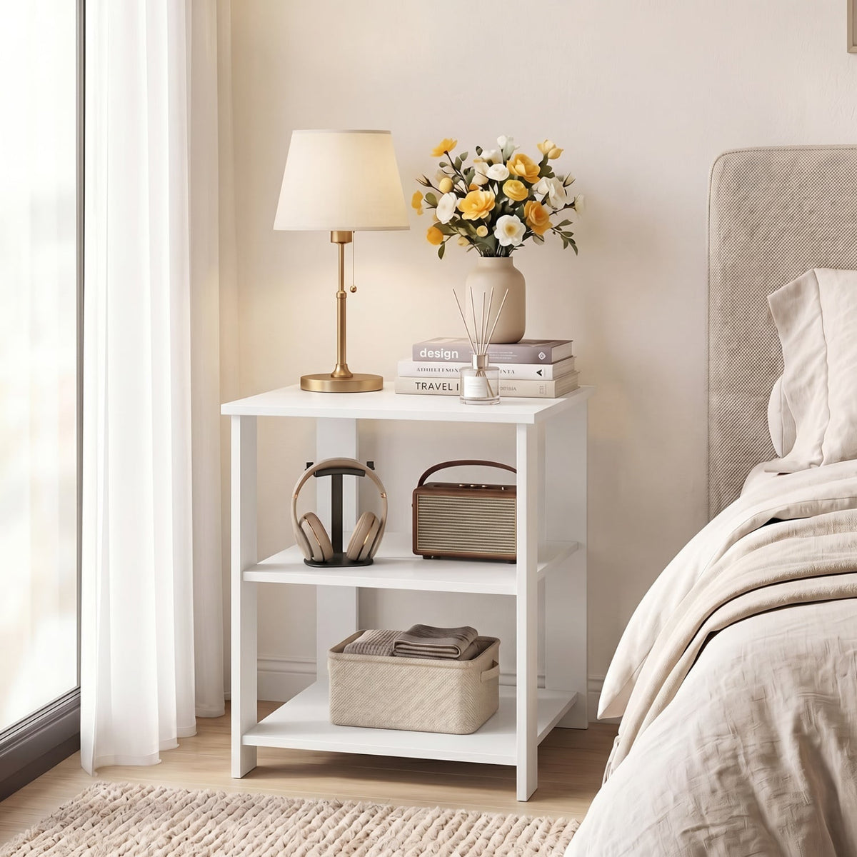 3-Tier Modern Nightstand Square Side Table with Open Storage Shelves-White-End & Side Tables-DECOROLALA