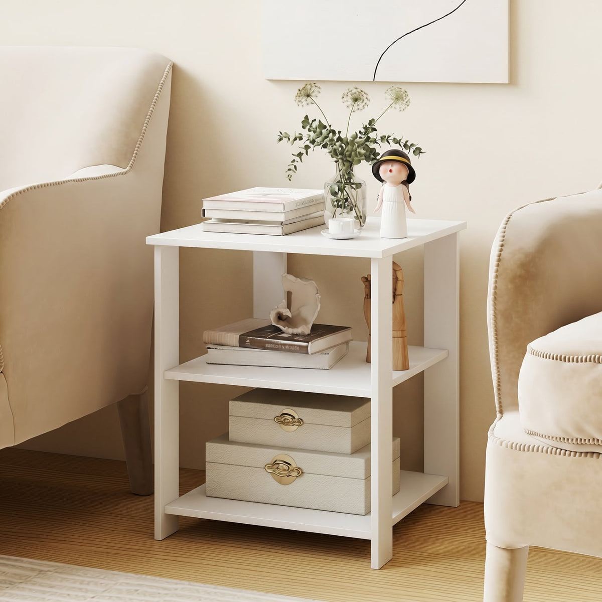 3-Tier Modern Nightstand Square Side Table with Open Storage Shelves-White-End & Side Tables-DECOROLALA