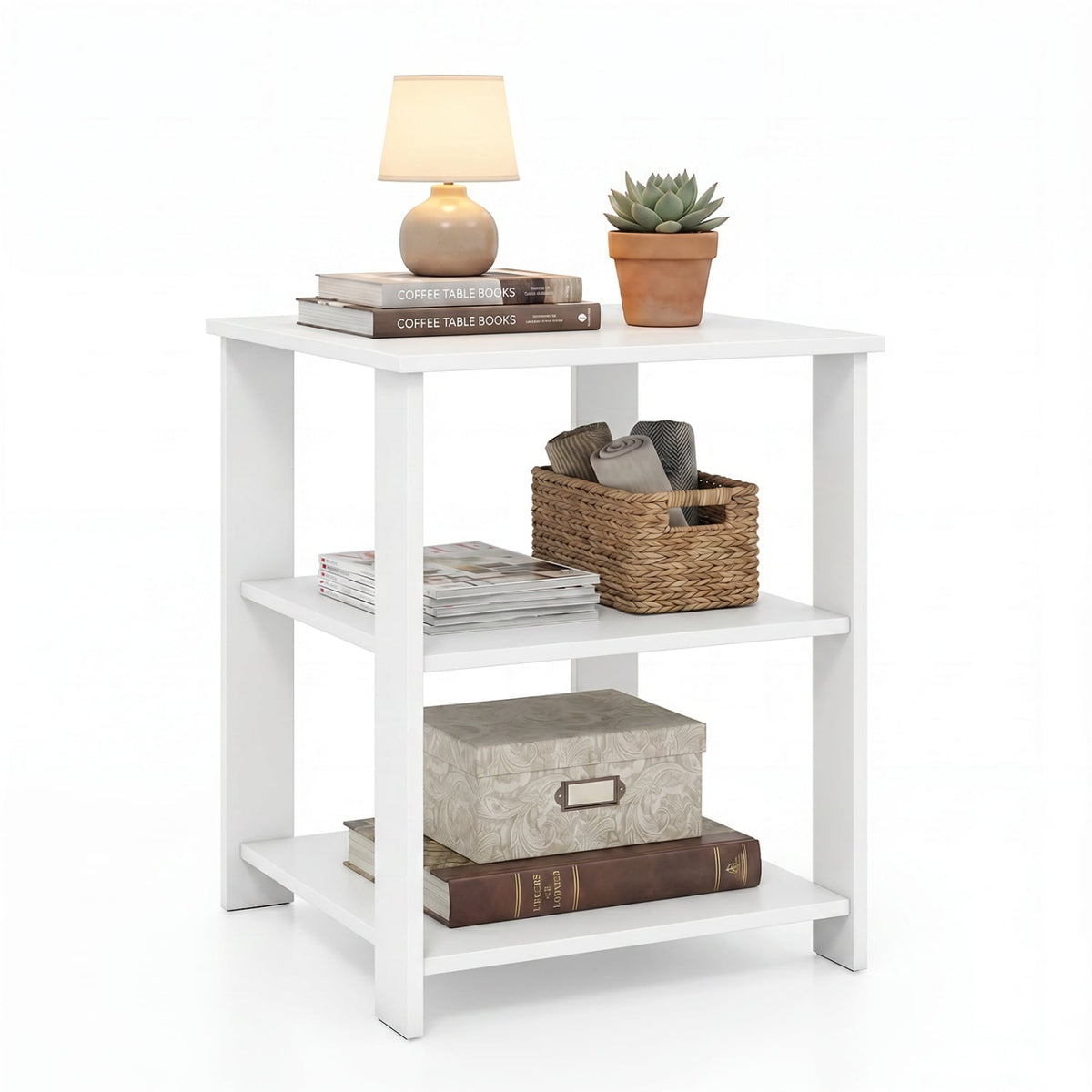 3-Tier Modern Nightstand Square Side Table with Open Storage Shelves-White-End & Side Tables-DECOROLALA