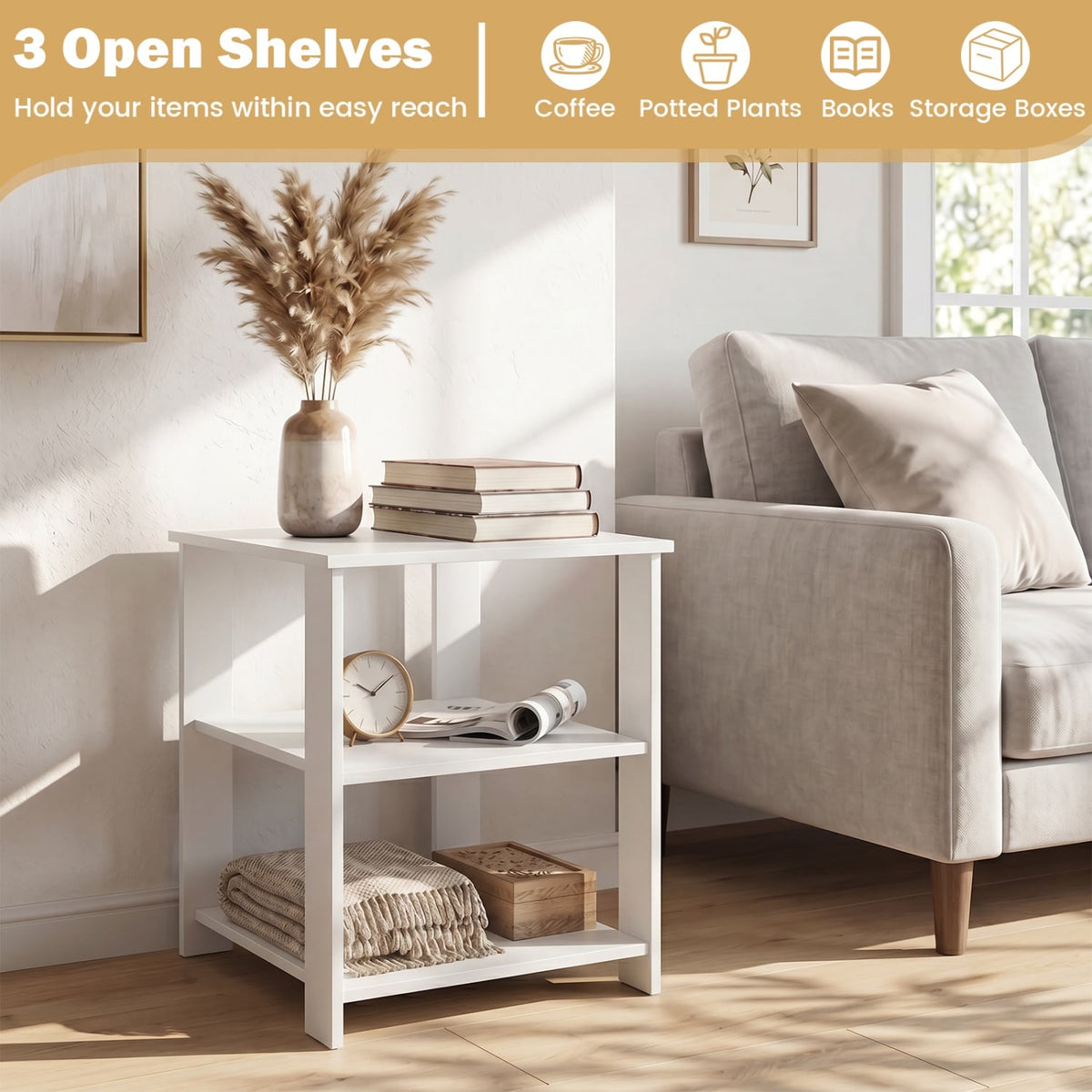 3-Tier Modern Nightstand Square Side Table with Open Storage Shelves-White-End & Side Tables-DECOROLALA
