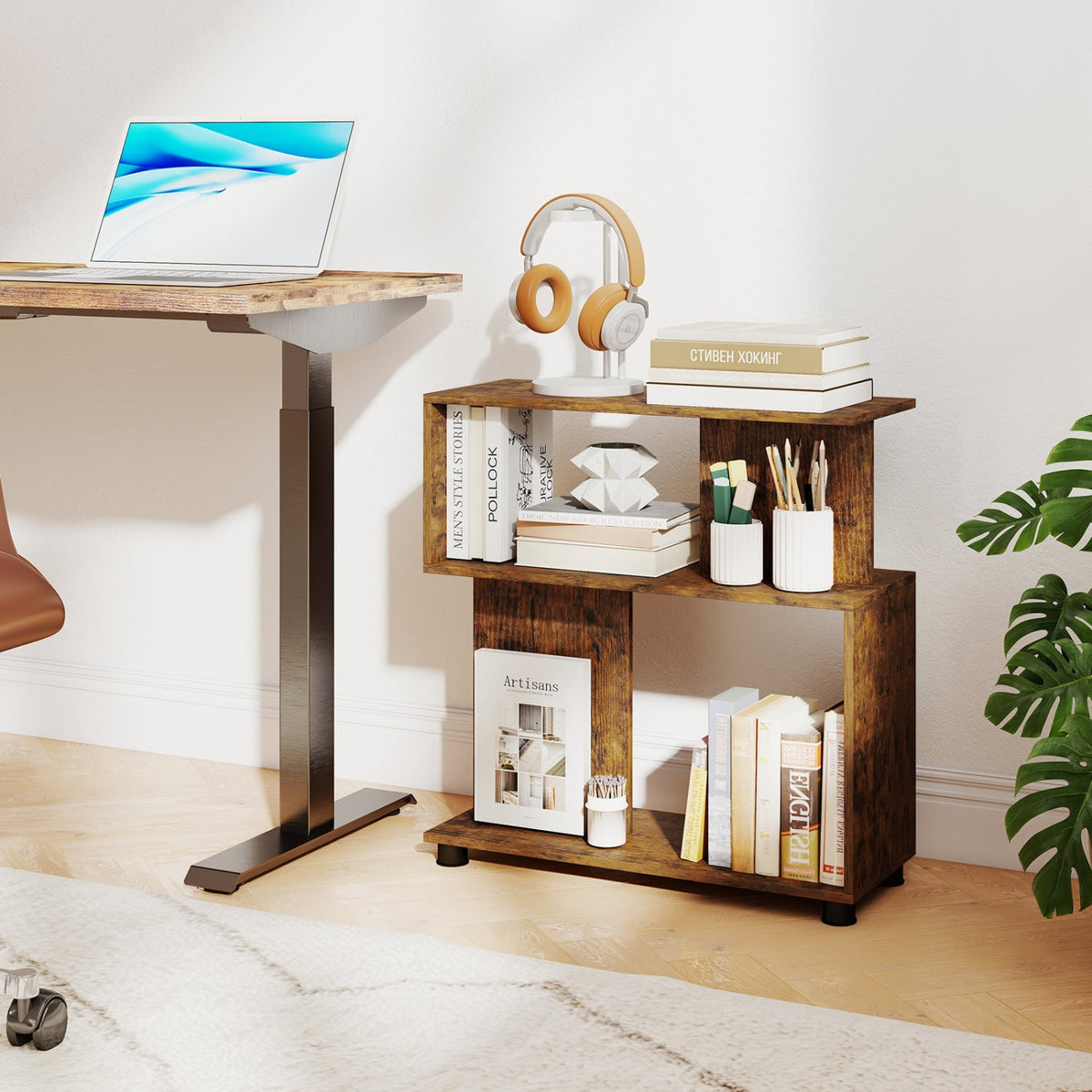 3-Tier Modern S-shaped Bookshelf with Adjustable Feet-Rustic Brown-Bookcases-DECOROLALA