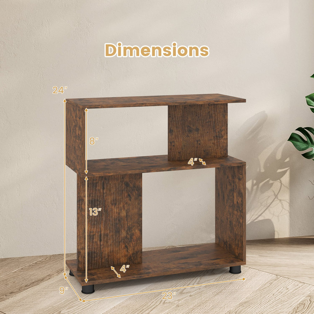 3-Tier Modern S-shaped Bookshelf with Adjustable Feet-Rustic Brown-Bookcases-DECOROLALA