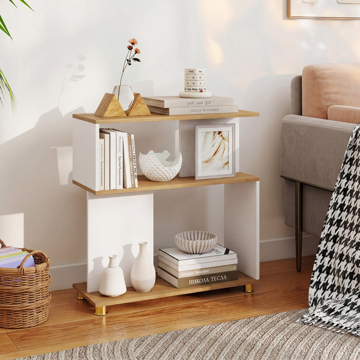 3-Tier Modern S-shaped Bookshelf with Adjustable Feet-White-Bookcases-DECOROLALA