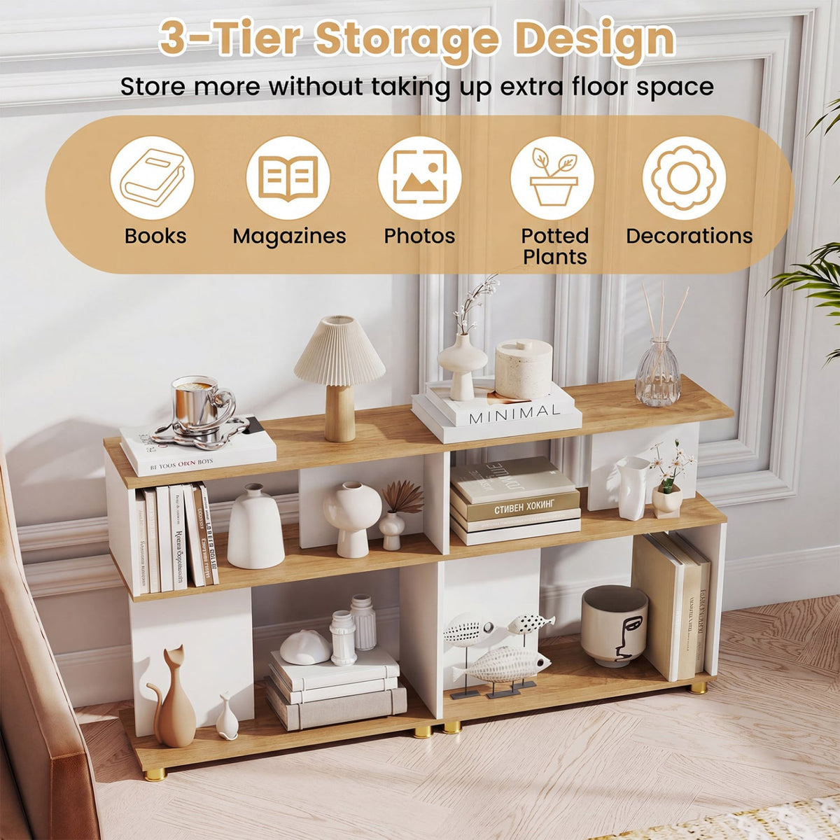 3-Tier Modern S-shaped Bookshelf with Adjustable Feet-White-Bookcases-DECOROLALA