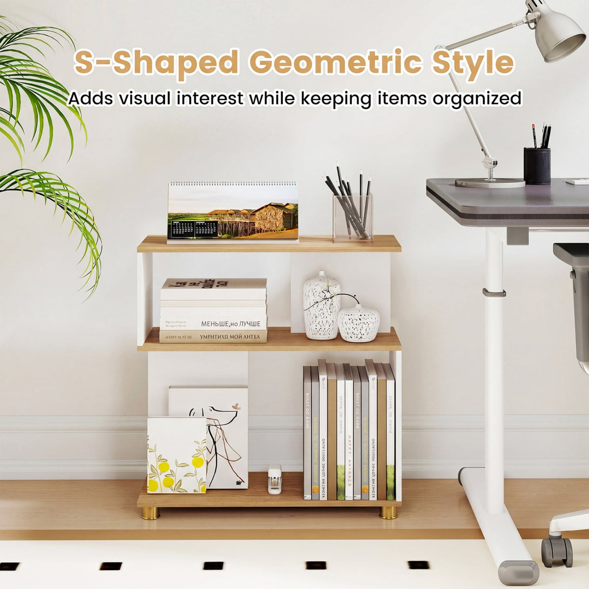 3-Tier Modern S-shaped Bookshelf with Adjustable Feet-White-Bookcases-DECOROLALA