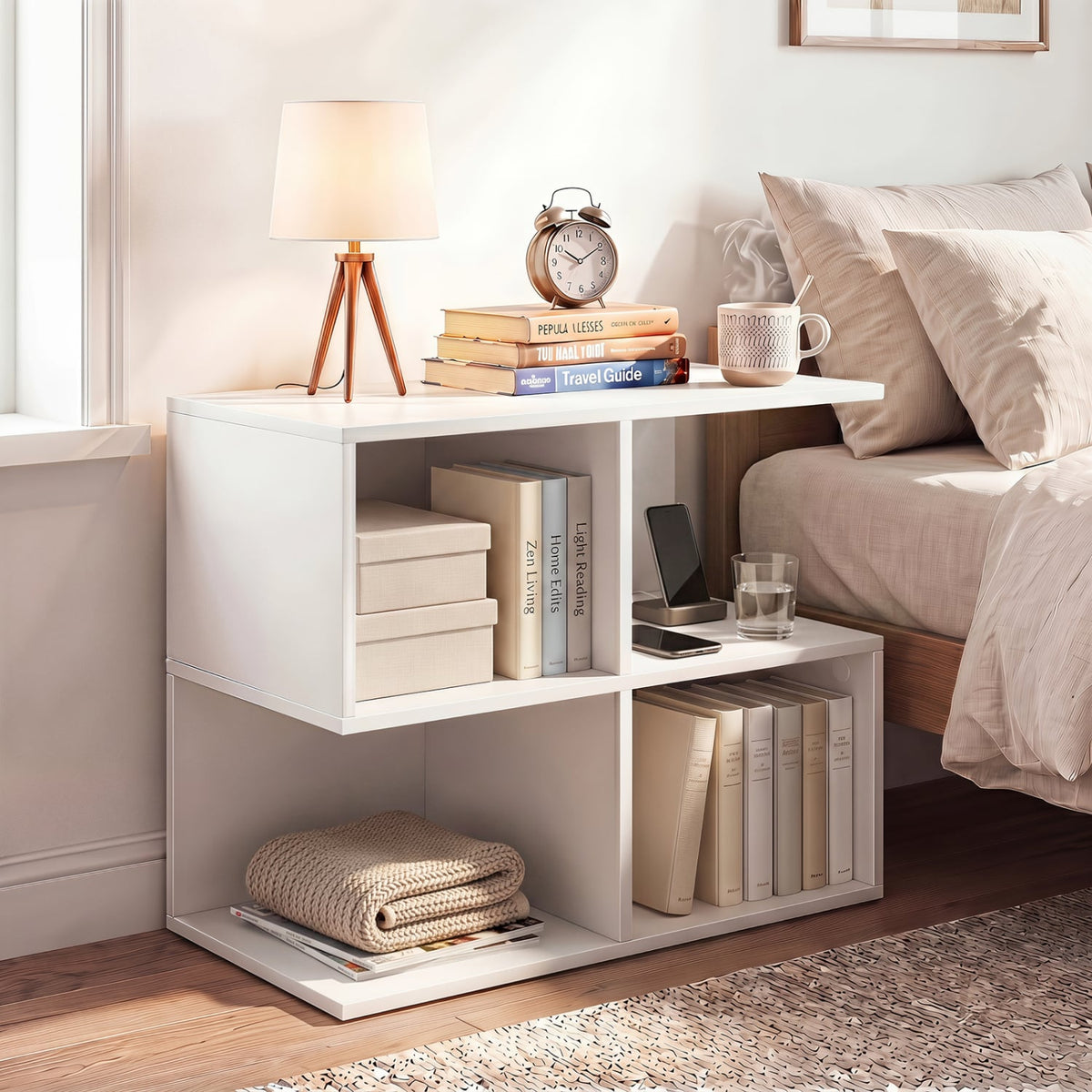 3-Tier Modern S-shaped End Table with 4 Storage Cubes-White-End & Side Tables-DECOROLALA