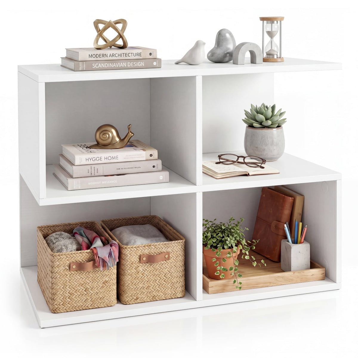 3-Tier Modern S-shaped End Table with 4 Storage Cubes-White-End & Side Tables-DECOROLALA