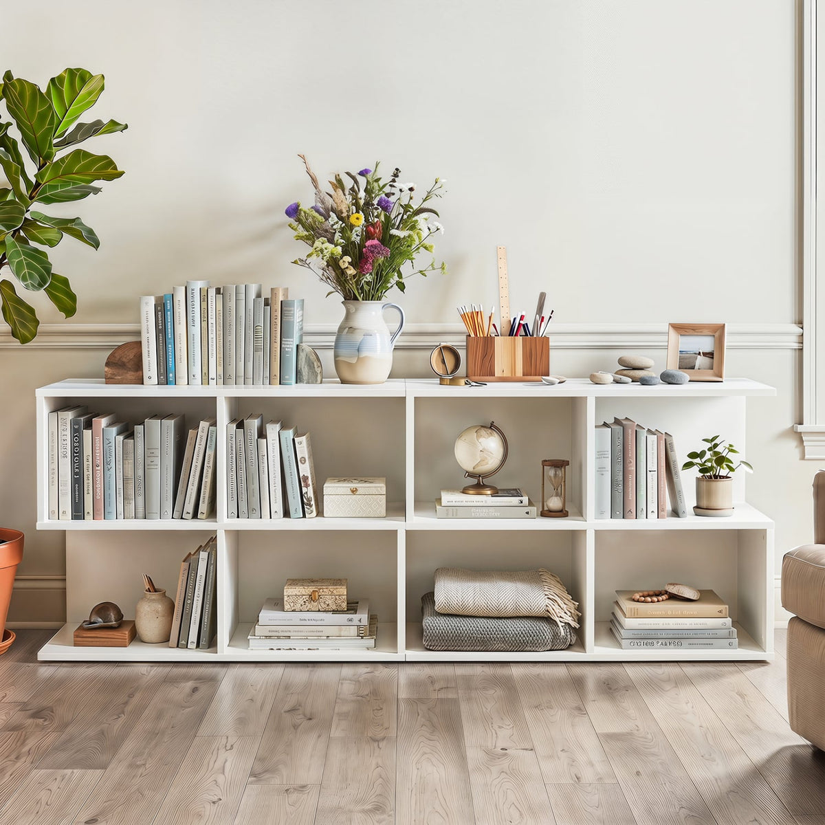3-Tier Modern S-shaped End Table with 4 Storage Cubes-White-End & Side Tables-DECOROLALA