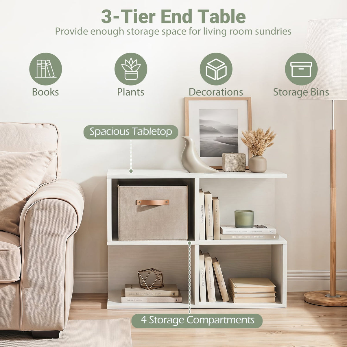 3-Tier Modern S-shaped End Table with 4 Storage Cubes-White-End & Side Tables-DECOROLALA