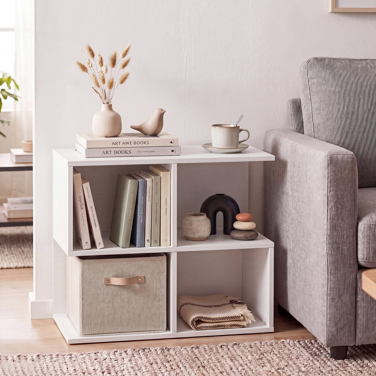 3-Tier Modern S-shaped End Table with 4 Storage Cubes-White-End & Side Tables-DECOROLALA